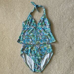 Liz Claiborne Halter Top Floral Two Piece Tankini Purple Blue Green